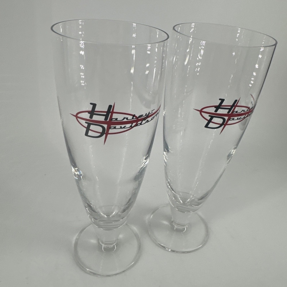 Harley Davidson Beer Pilsner Pedestal Glasses Set of 2‎ Unique Barware 8 1/2" T